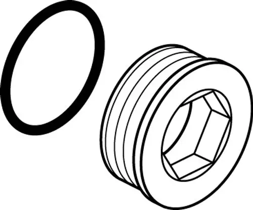 Produktillustration eines Stopfens von Ideal Standard, bestehend aus einem runden Körper mit hexagonalem Innenbereich und einer dazugehörigen Dichtung.